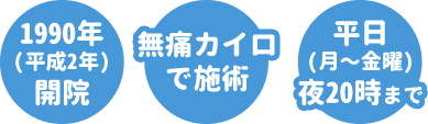 1990年(平成2年)開院・無痛カイロで施術・平日(月〜金曜)午後20時まで
